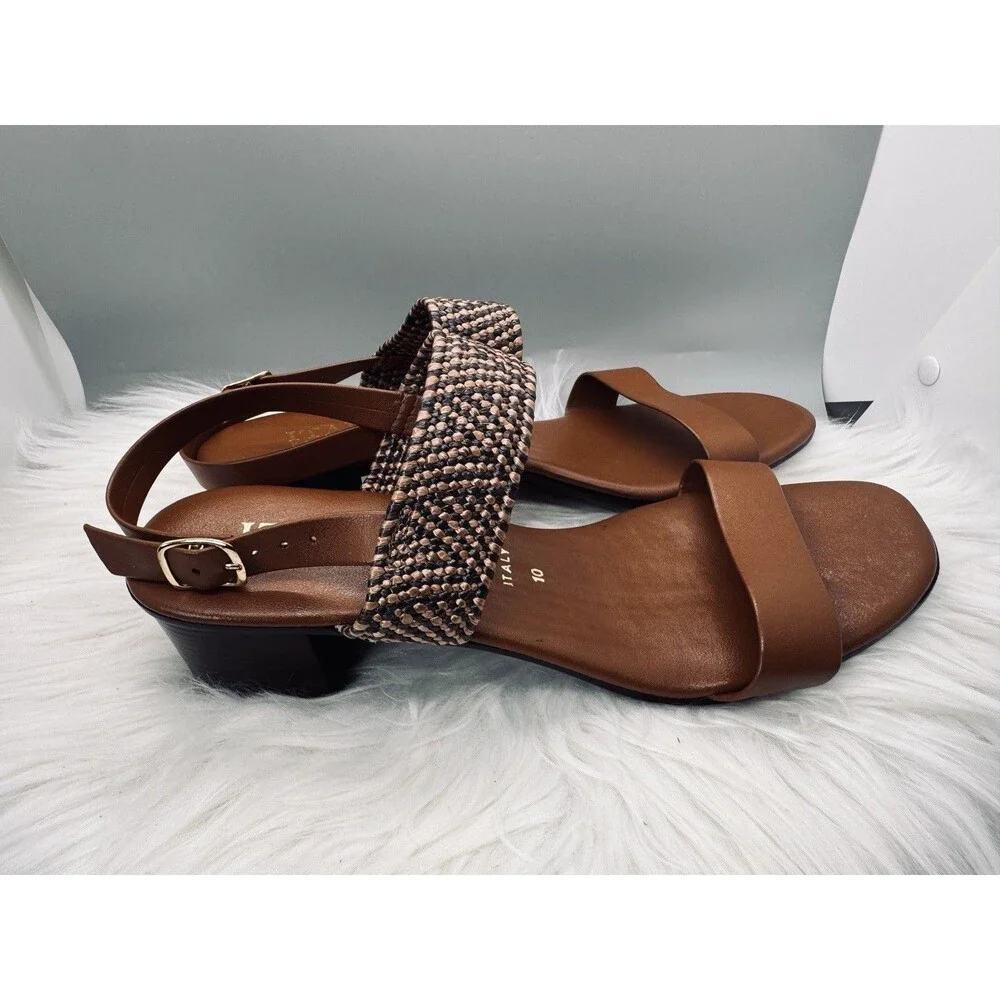 Italian Shoemakers Sandal Womens Size 10 Brown Woven Slingback Italy Block Heel